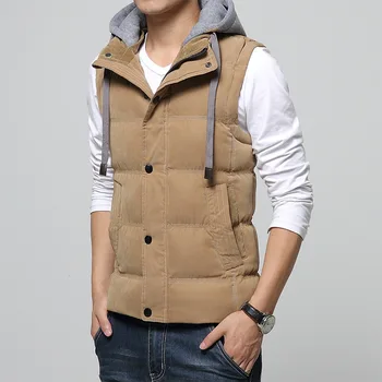 

Men Casual thick Vest Winter Coat Hat Detachable Men Waistcoat Quality Sleeveless Jacket Solid Outwear Vest Men