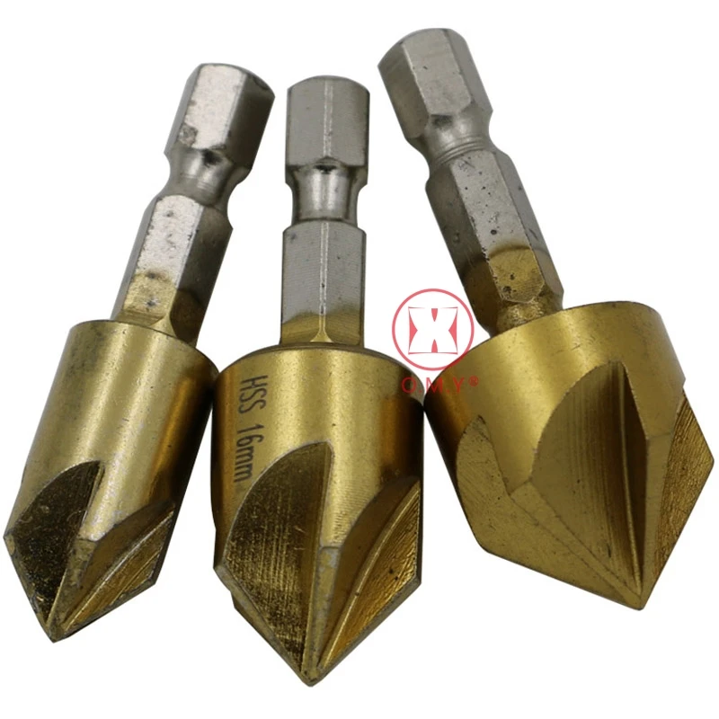 

3PCS 5 Flute Chamfer Countersink 1/4" Hex Shank HSS 90 Degree Wood Chamfering Cutter Chamfer 12mm-19mm Countersink Drill Bit