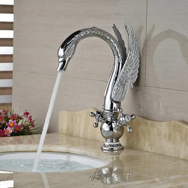 Polished Chrome Dual Handle Swan Basin Sink Faucet Deck Mount Brass Bathroom Lavatory Mixer Tap One Hole