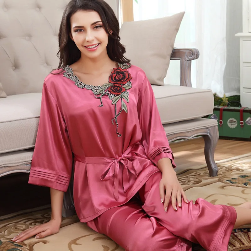 

Womens Silk Satin Pajamas Set Pajama Pyjamas Set Sleepwear Rose Embroidery Loungewear All Seasons Sexy Rayon Sleep Clothes