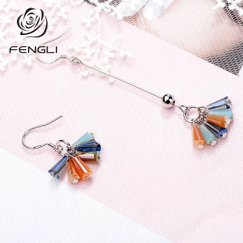 Женские асимметричные серьги FENGLI Серебристые серьги-подвески с цветными