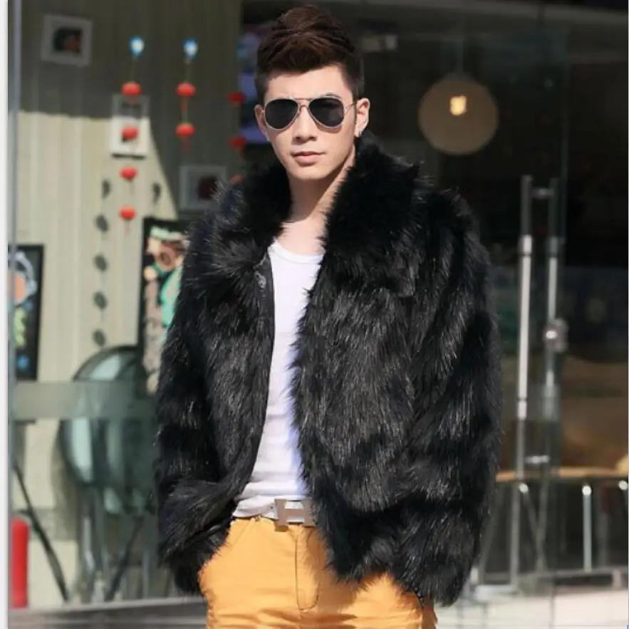 

2018 solid new winter black white fashion short faux fur coat Fox fur Turn-down Collar full fur coats men warm leather jacket