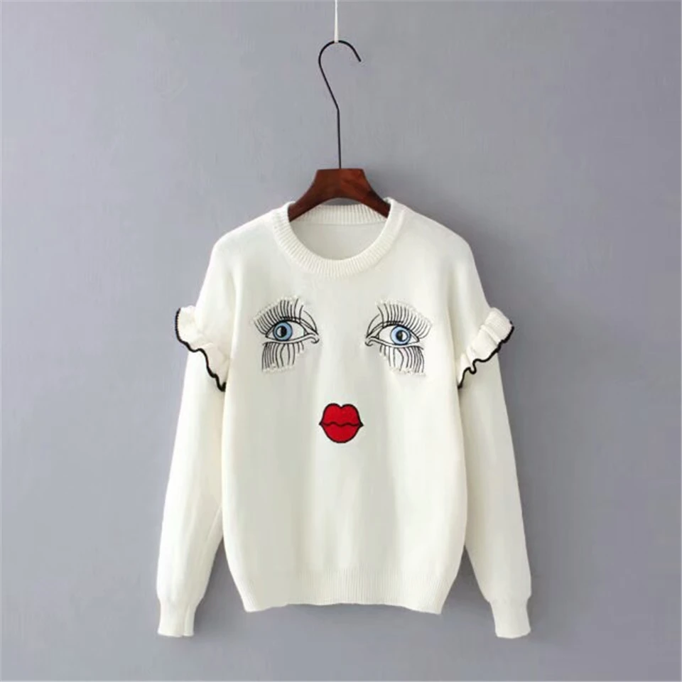 

Cute Eye Lip Cartoon Print Sweater Butterfly Decoration Long Sleeve Pullover Women Fashion Free Shipping