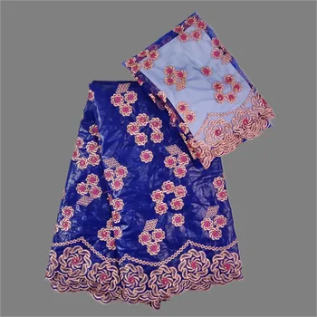 

(5+2) Nice embroidery African cotton bazin riche lace fabric and 2y French tulle net lace fabric for lady dress set LWBN2