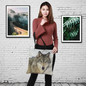 

Oil Painting SNOWWOLF Print Women Tote Bags Linen Reusable Shopping Bag Shoulder Bags for Women 2019 sac a main ladies handbags