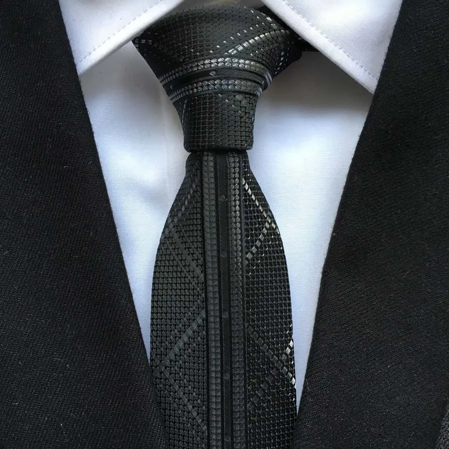 Стильный Для мужчин Популярные тонкий галстук высокое качество жаккардовые галстук черный с серебром пледы горошек