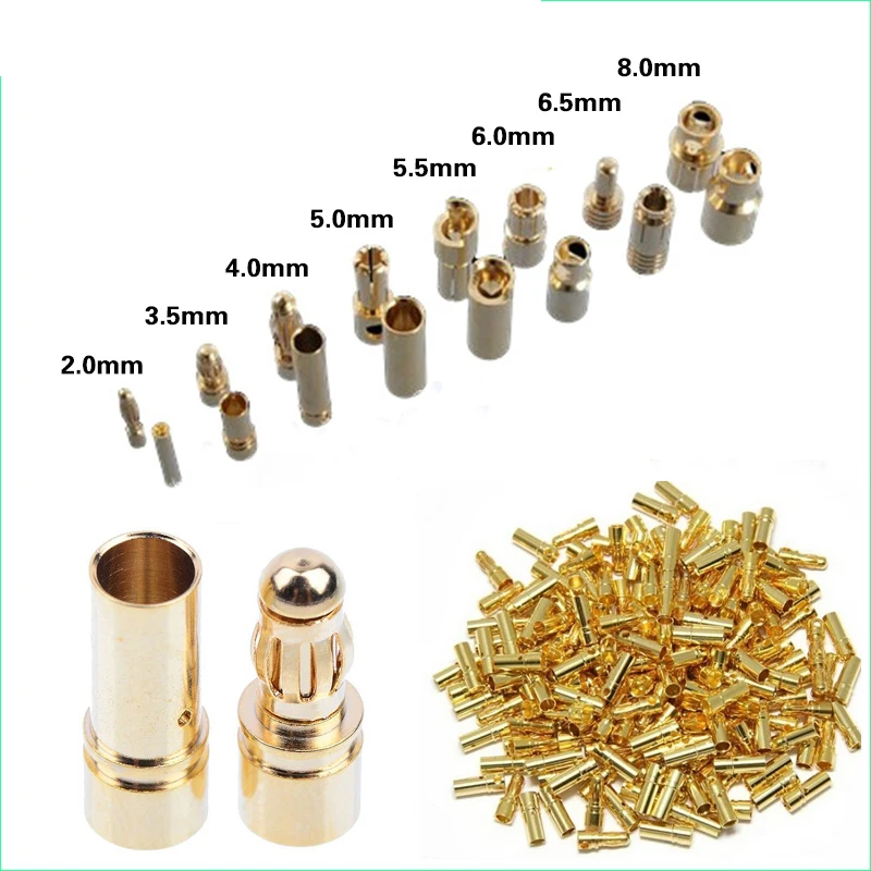 

2.0mm 3.0mm 3.5mm 4.0mm Gold Bullet Banana Connector plug for ESC Lipo battery speed controller (100 pairs)