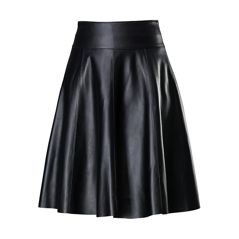 

Women A-line Genuine Leather Skirts Black Genuine Sheepskin High Waist Skirts Free Shipping