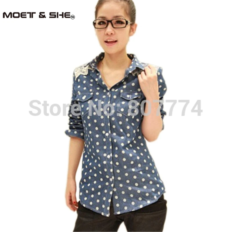 Blusas femininas горячая распродажа Женские джинсовые блузки ретро в горошек кружевные