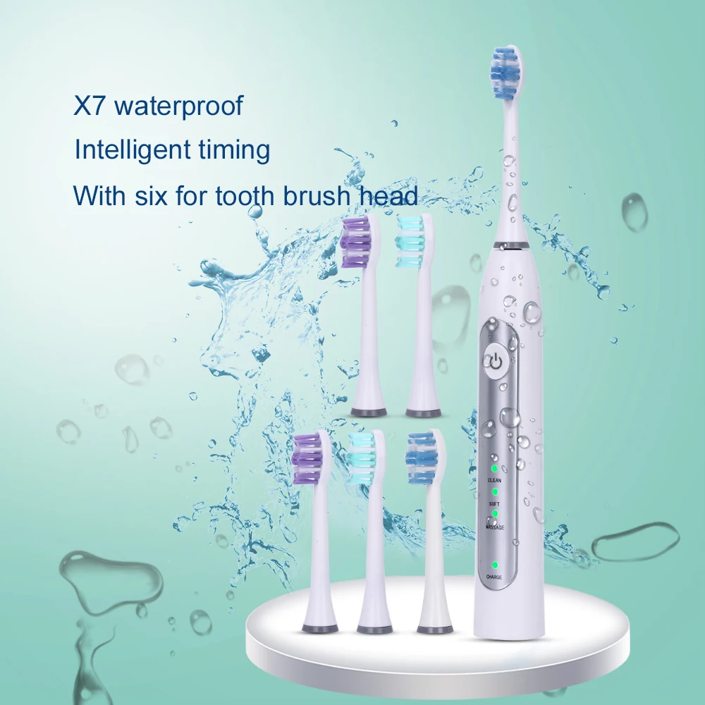 

New Advanced Ultrasonic Electric Toothbrush Rechargeable with 6pcs Replacement Heads 3 Modes 2 Minutes Auto-timer AZDENT SC320