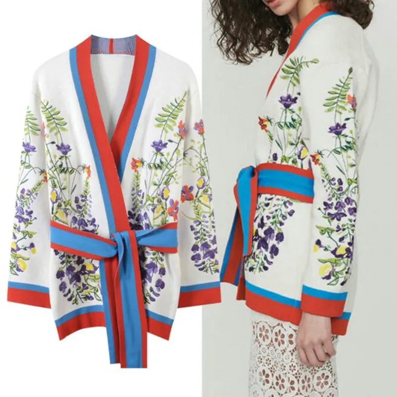Sweater Cardigan Women Plus Size Flower Embroidery Coat Sashes Striped Shrug Loose Runway Maxi Knitted Top Autumn Winter