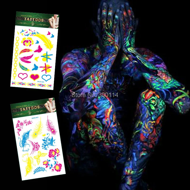 Louco do Partido Atacado Luminosa Fluorescente Luz Férias Tatuagem Temporária Harajuku Boate Fluorescência Tatuajes Corpo 500 Pcs 4 fluorescente luz Férias Tatuagem Temporária Harajuku Boate Fluorescência Tatuajes Corpo