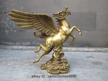 

8" Chinese FengShui Pure Brass dragon head fly horse body auspicious statue