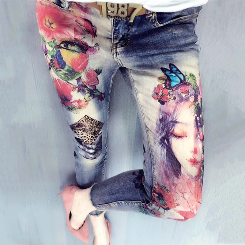 Женские джинсы-карандаш с 3D цветочным рисунком, модные женские джинсы с принтом, женские Стрейчевые обтягивающие джинсовые штаны Femlae