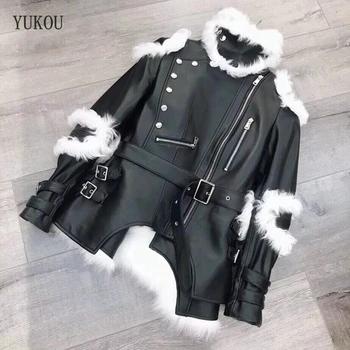 

Woman Coats 2019 Autumn Winter Fashion Leather Sheepskin Coat Female Two Piece Set Fox Fur Vest Knight Style Coat
