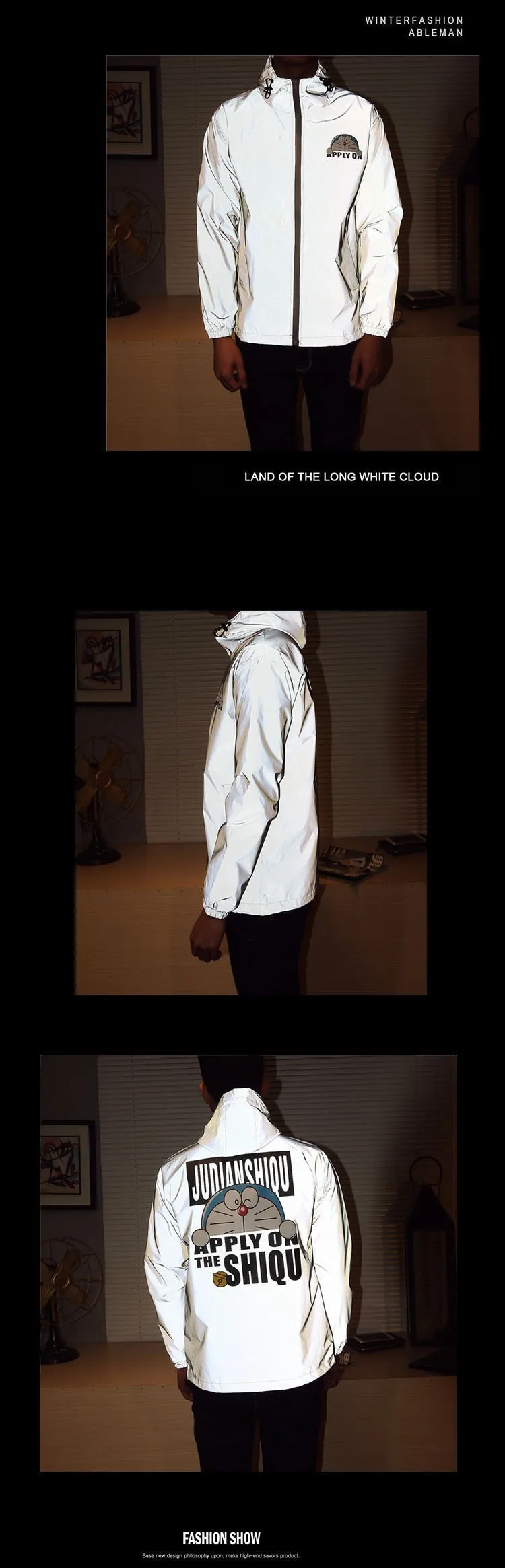 Men jacket casual windbreaker 3m reflective jacket lovers sport coat fluorescent clothing hooded cartoon doraemon printed coat (5)