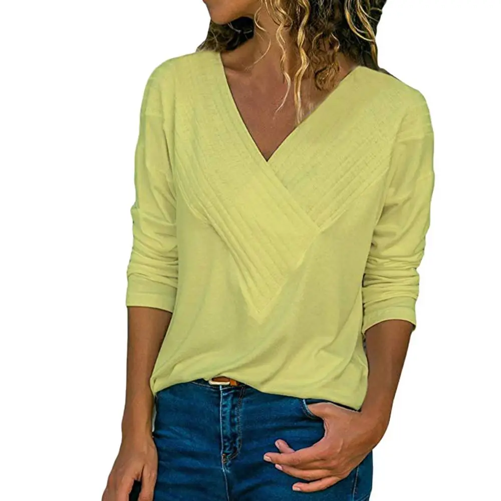Женская Осенняя Повседневная рубашка с v-образным вырезом и длинным рукавом, свободная Базовая Блузка, топы 1,26 - Цвет: Цвет: желтый
