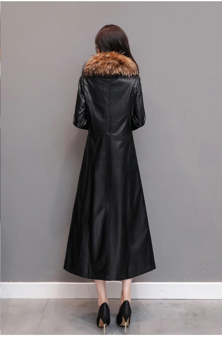 Женская кожаная куртка, новинка зимы, длинное пальто с меховым воротником, Толстая теплая хлопковая куртка на каждый день, большие размеры, тонкое женское пальто OK655