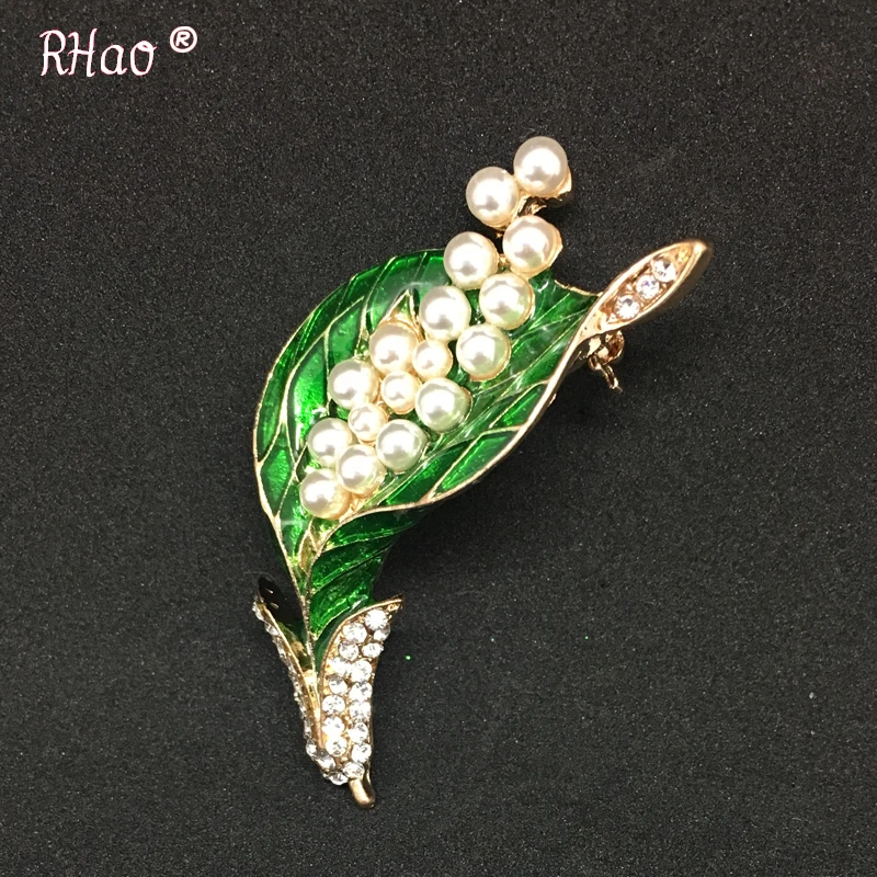 RHao Green Leaf pearl Brooches for Women Dresses Austrian Crystal