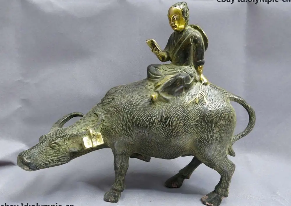 

10" China bronze gild carved copper Feng Shui book boy on Ox sculpture Statue