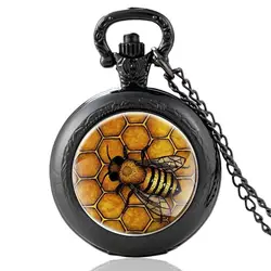 Творческий пчелы стекло, кабошон кварцевые карманные часы Модные украшения себе черный Цепочки и ожерелья подарок для Для женщин