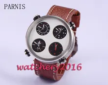 Fashion 48mm Parnis silver dial leather strap full chronograph quartz movement Men’s watch