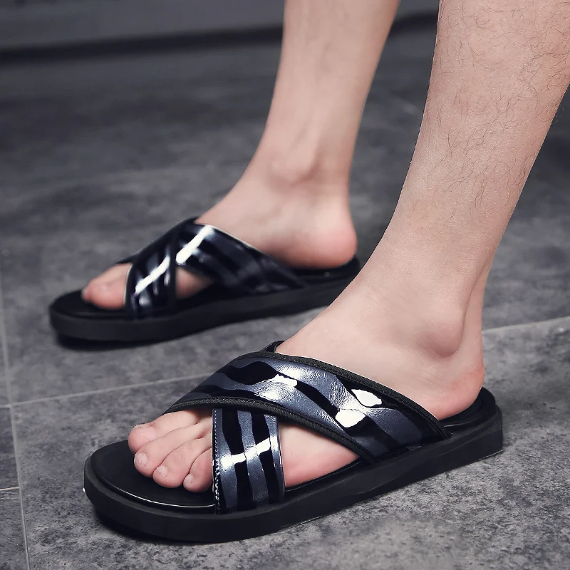 49 Novos Casual De blue Homens Simples Genuíno Black Cruz Verão Sapatos 48 Praia Sandálias Slippers47 Borracha Couro Dos Moda Ninyoo Chinelos ZgF8xcU