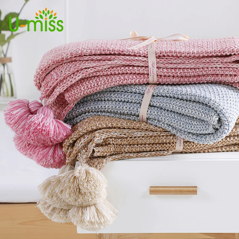 

Cotton Crochet Thread Blankets Two Color Throw Knit Blanket With Ball Pompoms For Sofa Cover Bedspread Bedding Photography Props