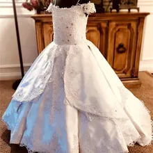 Реальные фотографии, белые платья с цветочным узором для девочек атласное Пышное вечернее платье на бретельках с бисером для девочек детское платье для свадьбы, бальное платье