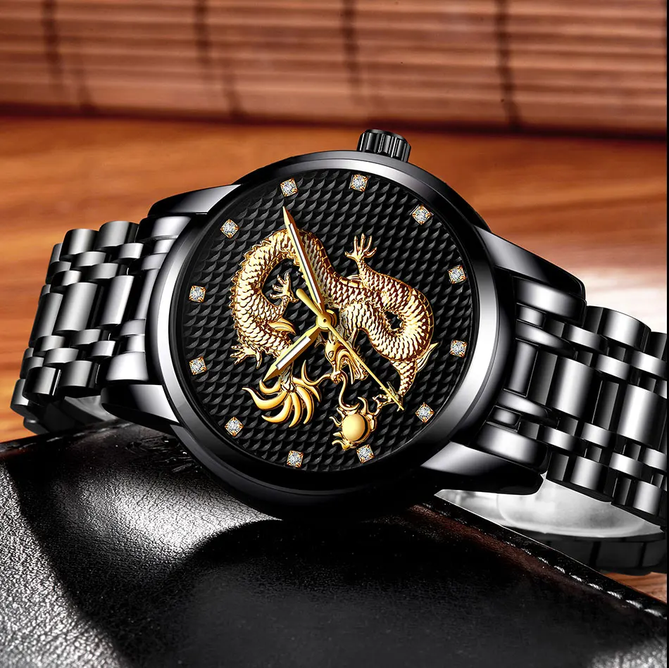 2021 LIGE New Golden Mens Watches Top Brand Luxury Chinese Dragon Watch Business Full Steel Quartz Clock Male Relogio Masculino