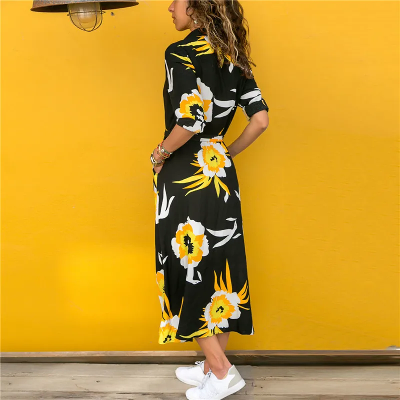 Autumn Women Casual Sashes Printed Party Dress Ladies Long Sleeve Button Elegant Maxi Dress 2019 Office Shirt Dress Plus Size
