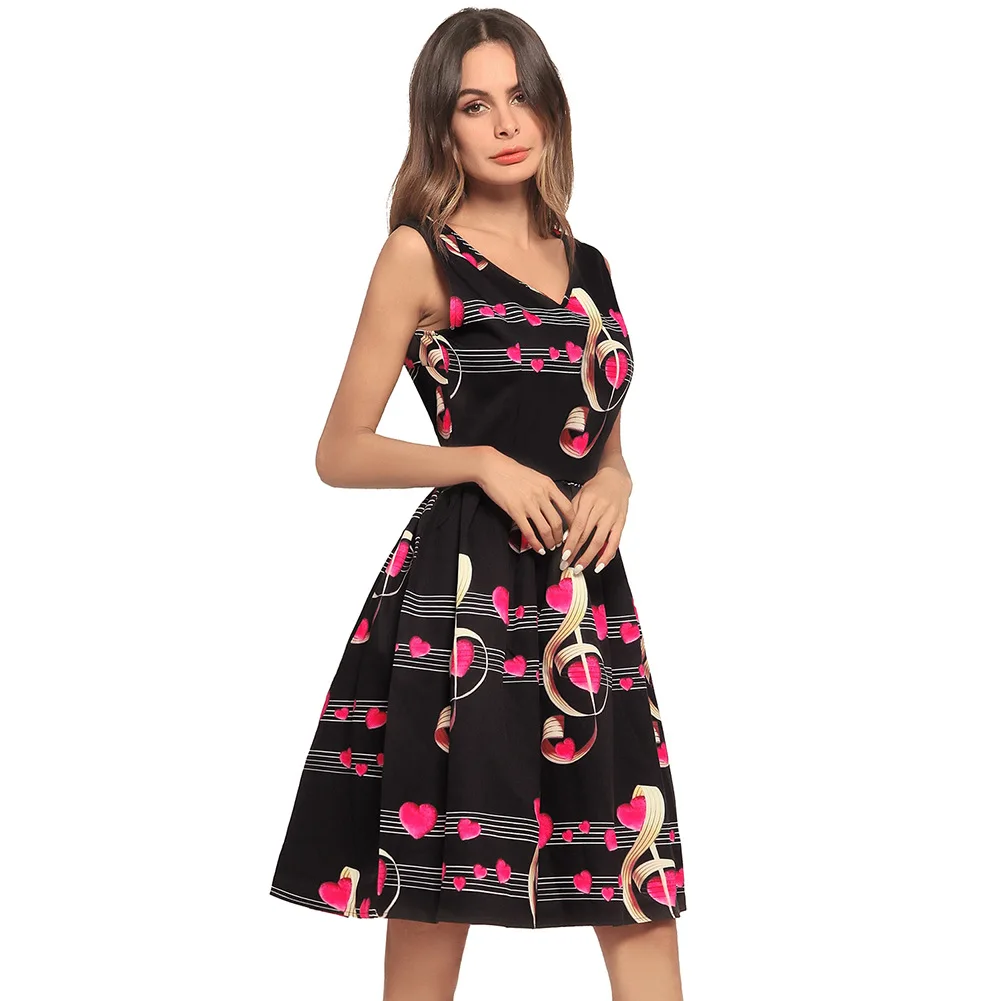 New dress Heart-shaped Music Symbol Print V-neck vest Large swing pendant dress
