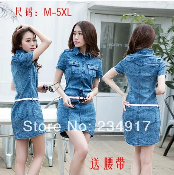 M-5XL Ladies Casual Denim Dress Plus Size Vintage Jeans Dresses Short Sleeve Blue New 2014 Fashion Women summer dress | Женская одежда