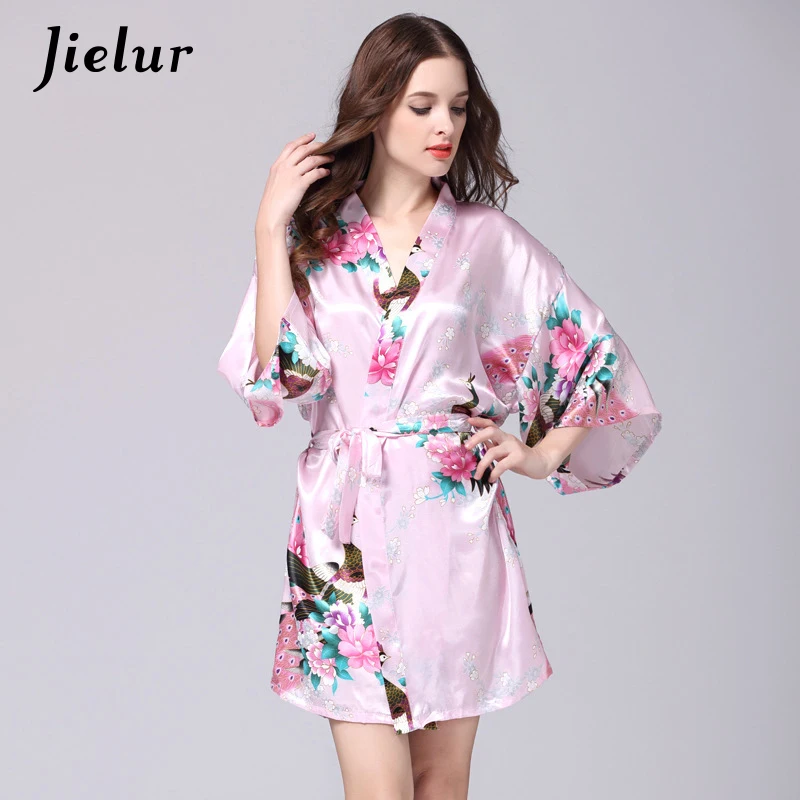 Jielur шелковые атласные халаты Для женщин печатных моды 12 Цвета сексуальный халат для свадьбы, невесты, подружки невесты кимоно ночное