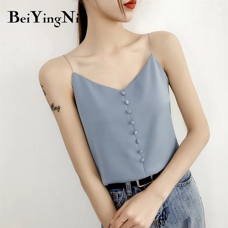 

Beiyingni Chiffon Camis Female Buttons Solid Loose Vintage Simple Spaghetti Strap Singlet Blouse Shirts Casual Basic Vest Womens