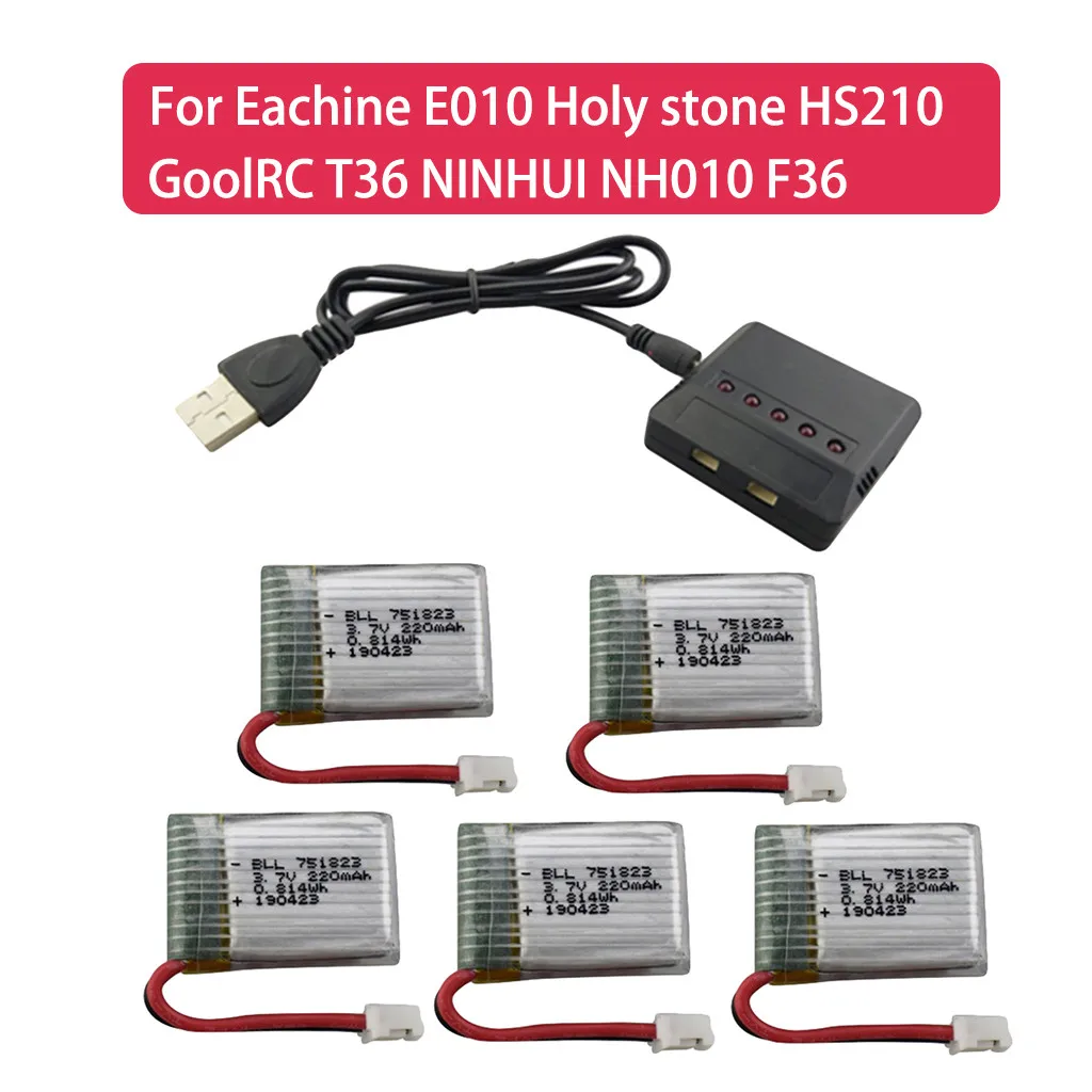 

Drone battery accessories 5PCS 3.7V 220mAh Battery with 5in1 Charger for Eachine E010 Holy stone HS210 Z604
