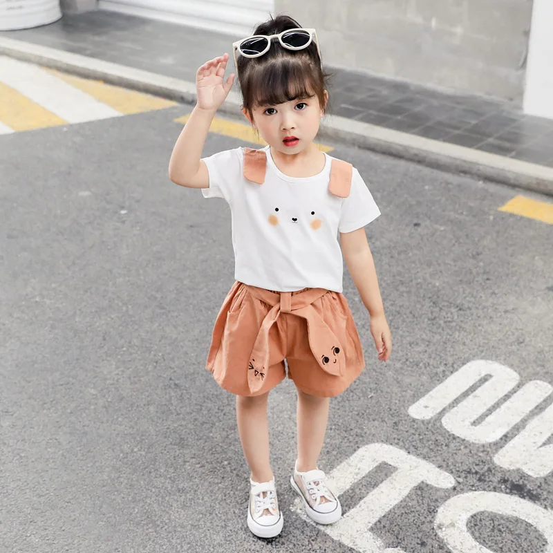 

2 Pcs/Set Summer Baby Girls Cute Short Sleeve T-shirt Set New Fashion Trend Korean Baby Cute Ear Bunny Shorts