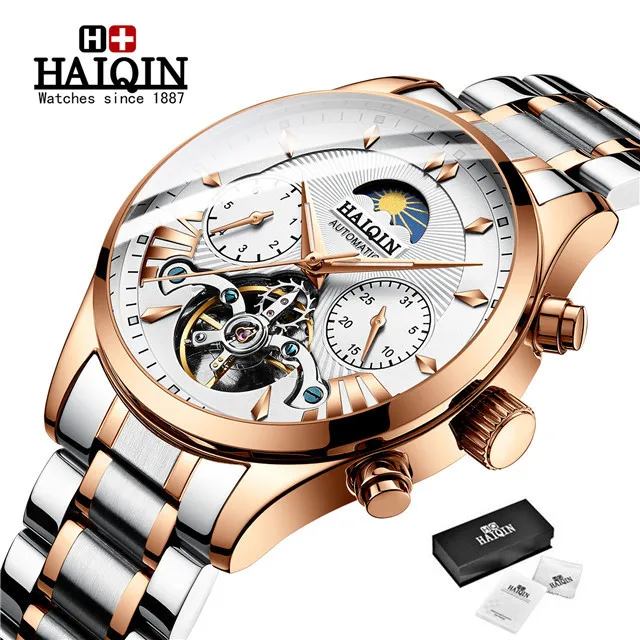 HAIQIN Original Mechanical Watch Unique Men's Watches Waterproof/Military/Sport Wristwatch Male Casual Automatic Wrist Watch Men - Цвет: S-gold white