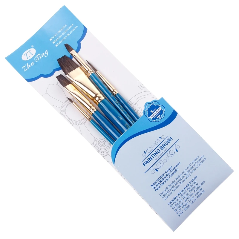 5pcs Artist Paint Brush Set Camel Hair Watercolor Acrylic Oil