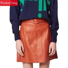 Натуральная овчина юбка из натуральной кожи оранжевого цвета с высокой талией Мини-юбки Для женщин пикантные вечерние в Корейском стиле; женская пикантная короткая юбка-трапеция