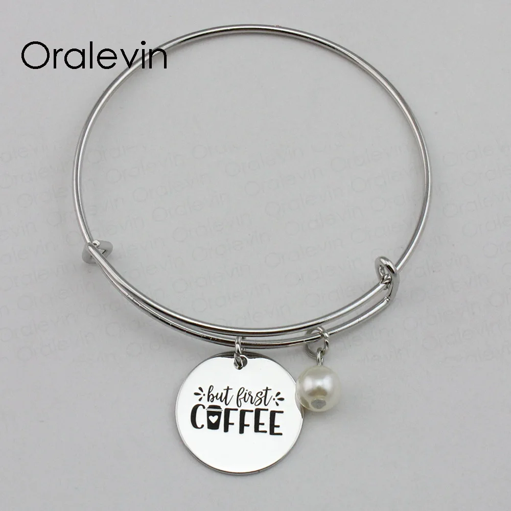 

BUT FIRST COFFEE Inspirational Hand Stamped Engraved Custom Pendant Wire Expandable Bangle Bracelet Jewelry, #LN2267B