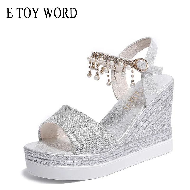 

E TOY WORD Pink Sandals 2019 Fashion summer ladies shoes High Heels wedge Platform sandals Bead buckle Women Sandals silver