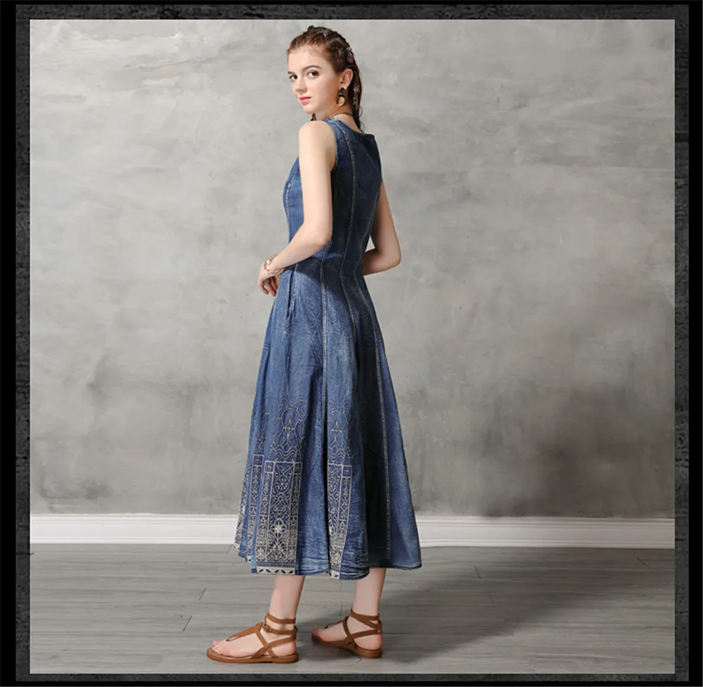 Vintage Summer Cotton Denim Dress 2019 Women's Dresses Sundress Embroidery O-Neck Vestido Women Tank Dress Sleeveless Dresses (16)