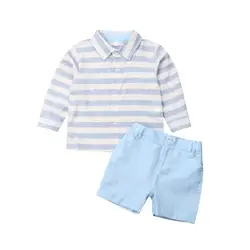 Хлопковый деловой костюм для маленьких мальчиков рубашка в полоску для джентльменов летние шорты штаны комплект одежды для свадебной