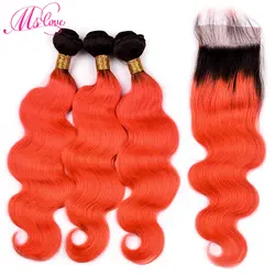 MS любовь предварительно Цветной T1b оранжевый корпус волна Ombre бразильский пучки волос с закрытием 4*4 человеческих волос связки с закрытием