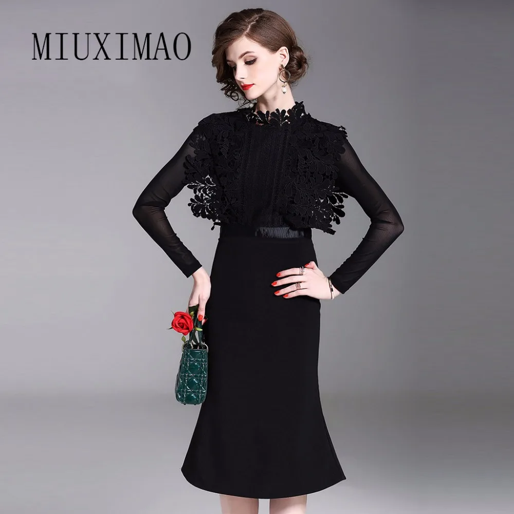 

2018 High Quality Spring & Fall Newest Solid A-Line O-Neck Full Sleeve Patchwork Hollow Out Elegant Knee-Length Dress Women