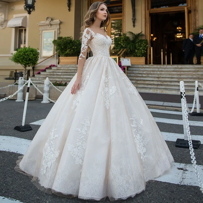 New Illusion Three Quarter Sleeves Wedding Dress Chapel Train