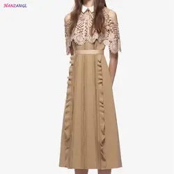 HANZANGL 2018 летнее подиумное Платье женское элегантное сексуальное с отложным воротником Цветочная вышивка винтажное Кружевное платье миди