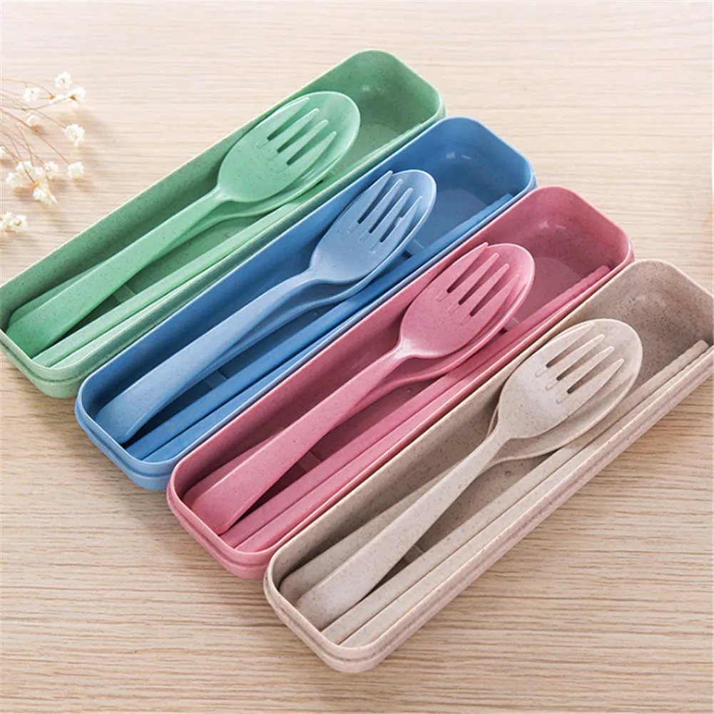 

3Pcs Flatware Set Portable Travel Camping Cutlery Set Wheat Straw Fork Spoon Chopsticks Set with Kids Reusable Tableware Kit
