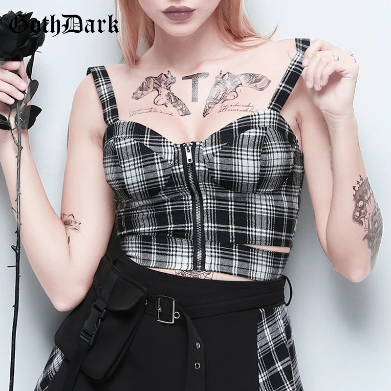 

Goth Dark Plaid Zipper Strap Gothic Punk Tops Hollow Out Backless Sexy Navel Patchwork Tank Top 2019 Harajunku Fashion Elegant